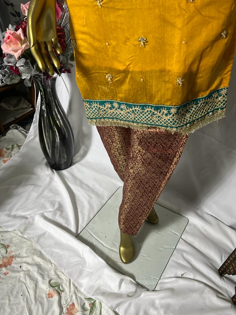 Yellow net salwar kameez 3 pcs suit BCF 10- Areeba's Couture