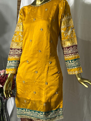 Yellow net salwar kameez 3 pcs suit BCF 10- Areeba's Couture