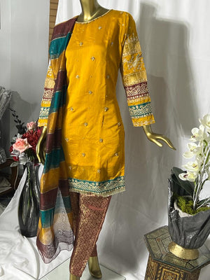 Yellow net salwar kameez 3 pcs suit BCF 10- Areeba's Couture