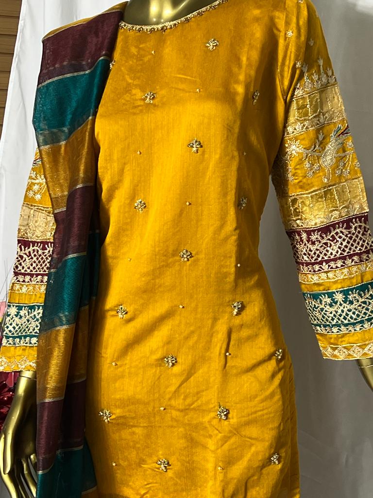 Yellow net salwar kameez 3 pcs suit BCF 10- Areeba's Couture